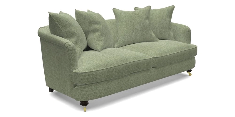 Helmsley 3 Seater Sofa in Mohair Velvet Fir Green with Seat and Back Cushions in RHS Collection Trailing Vine Olive and Small Trailing Ivy Olive