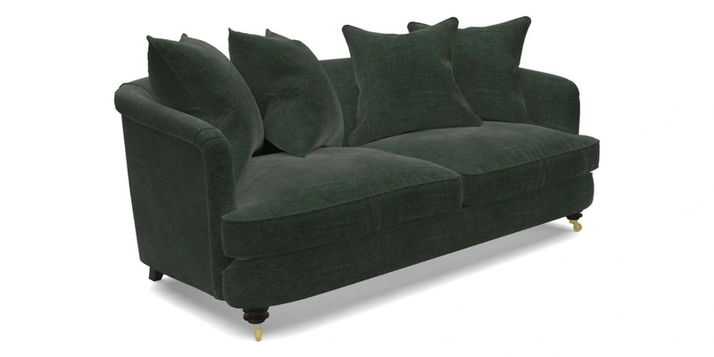 Helmsley 3 Seater Sofa in Mohair Velvet Fir Green with Seat and Back Cushions in RHS Collection Trailing Vine Olive and Small Trailing Ivy Olive