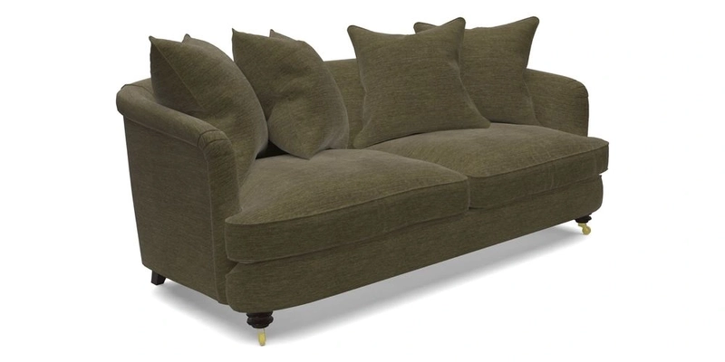 Helmsley 3 Seater Sofa in Mohair Velvet Fir Green with Seat and Back Cushions in RHS Collection Trailing Vine Olive and Small Trailing Ivy Olive