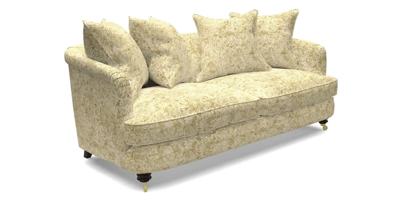 Helmsley 3 Seater Sofa in Mohair Velvet Fir Green with Seat and Back Cushions in RHS Collection Trailing Vine Olive and Small Trailing Ivy Olive