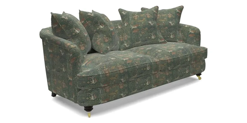 Helmsley 3 Seater Sofa in Mohair Velvet Fir Green with Seat and Back Cushions in RHS Collection Trailing Vine Olive and Small Trailing Ivy Olive