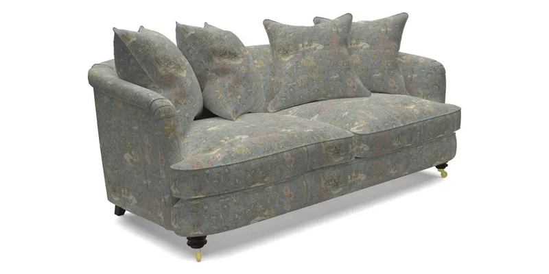 Helmsley 3 Seater Sofa in Mohair Velvet Fir Green with Seat and Back Cushions in RHS Collection Trailing Vine Olive and Small Trailing Ivy Olive