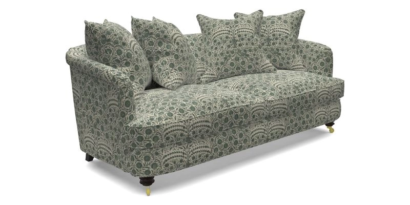 Helmsley 3 Seater Sofa in Mohair Velvet Fir Green with Seat and Back Cushions in RHS Collection Trailing Vine Olive and Small Trailing Ivy Olive