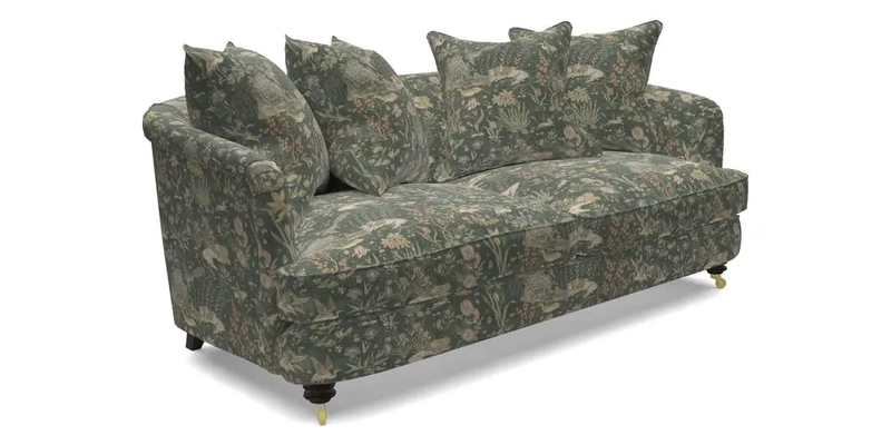 Helmsley 3 Seater Sofa in Mohair Velvet Fir Green with Seat and Back Cushions in RHS Collection Trailing Vine Olive and Small Trailing Ivy Olive