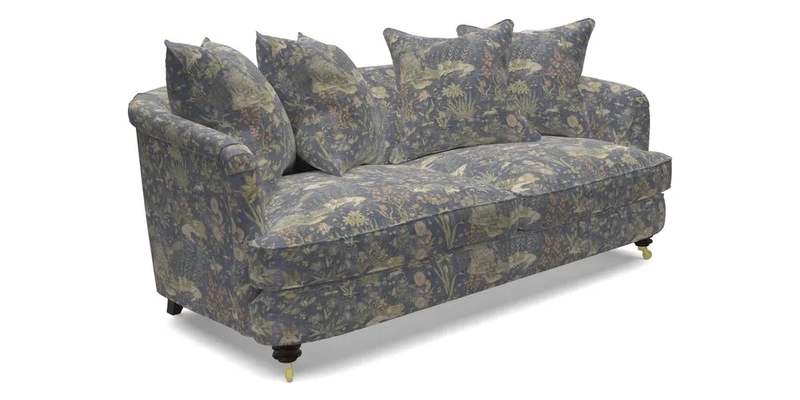 Helmsley 3 Seater Sofa in Mohair Velvet Fir Green with Seat and Back Cushions in RHS Collection Trailing Vine Olive and Small Trailing Ivy Olive