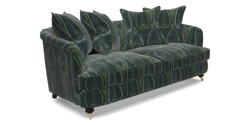 Helmsley 3 Seater Sofa in Mohair Velvet Fir Green with Seat and Back Cushions in RHS Collection Trailing Vine Olive and Small Trailing Ivy Olive
