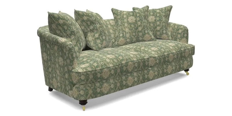 Helmsley 3 Seater Sofa in Mohair Velvet Fir Green with Seat and Back Cushions in RHS Collection Trailing Vine Olive and Small Trailing Ivy Olive