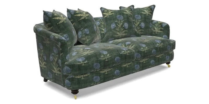 Helmsley 3 Seater Sofa in Mohair Velvet Fir Green with Seat and Back Cushions in RHS Collection Trailing Vine Olive and Small Trailing Ivy Olive