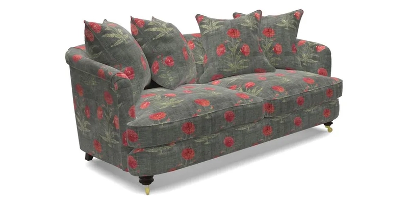 Helmsley 3 Seater Sofa in Mohair Velvet Fir Green with Seat and Back Cushions in RHS Collection Trailing Vine Olive and Small Trailing Ivy Olive
