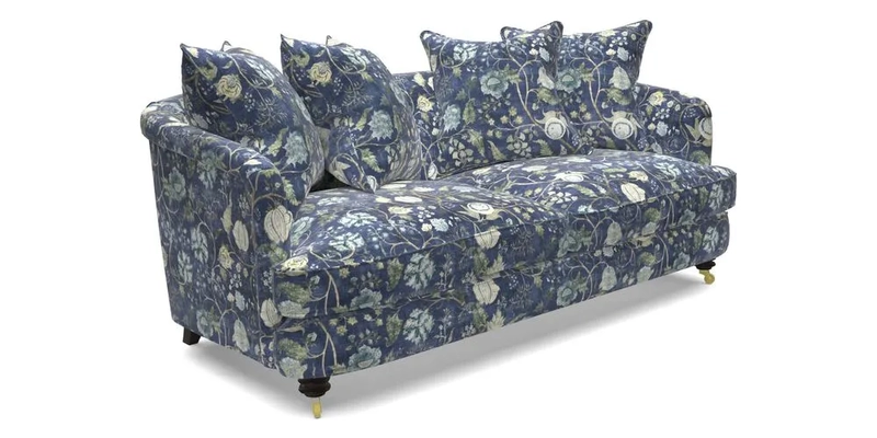 Helmsley 3 Seater Sofa in Mohair Velvet Fir Green with Seat and Back Cushions in RHS Collection Trailing Vine Olive and Small Trailing Ivy Olive