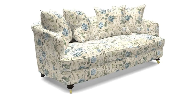 Helmsley 3 Seater Sofa in Mohair Velvet Fir Green with Seat and Back Cushions in RHS Collection Trailing Vine Olive and Small Trailing Ivy Olive