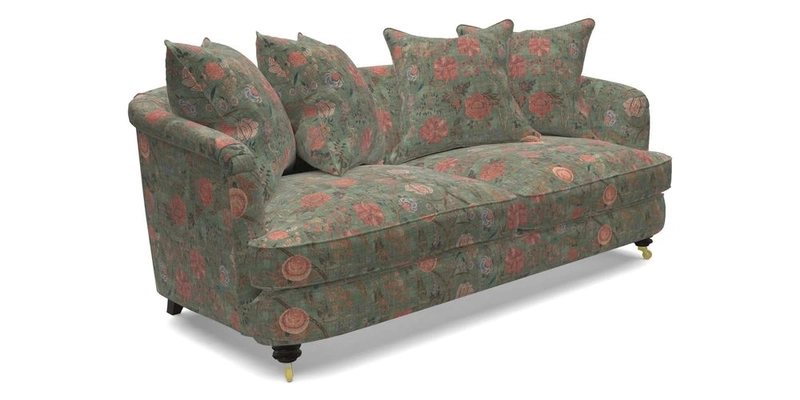 Helmsley 3 Seater Sofa in Mohair Velvet Fir Green with Seat and Back Cushions in RHS Collection Trailing Vine Olive and Small Trailing Ivy Olive