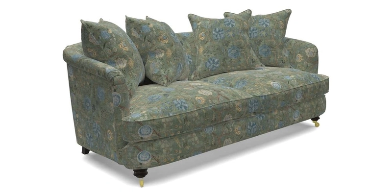 Helmsley 3 Seater Sofa in Mohair Velvet Fir Green with Seat and Back Cushions in RHS Collection Trailing Vine Olive and Small Trailing Ivy Olive