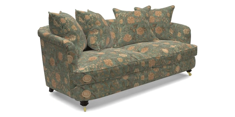 Helmsley 3 Seater Sofa in Mohair Velvet Fir Green with Seat and Back Cushions in RHS Collection Trailing Vine Olive and Small Trailing Ivy Olive