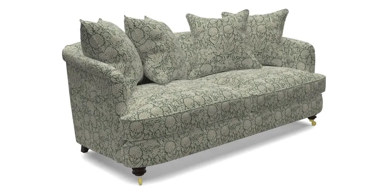 Helmsley 3 Seater Sofa in Mohair Velvet Fir Green with Seat and Back Cushions in RHS Collection Trailing Vine Olive and Small Trailing Ivy Olive