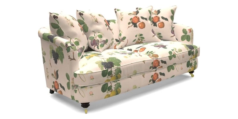 Helmsley 3 Seater Sofa in Mohair Velvet Fir Green with Seat and Back Cushions in RHS Collection Trailing Vine Olive and Small Trailing Ivy Olive