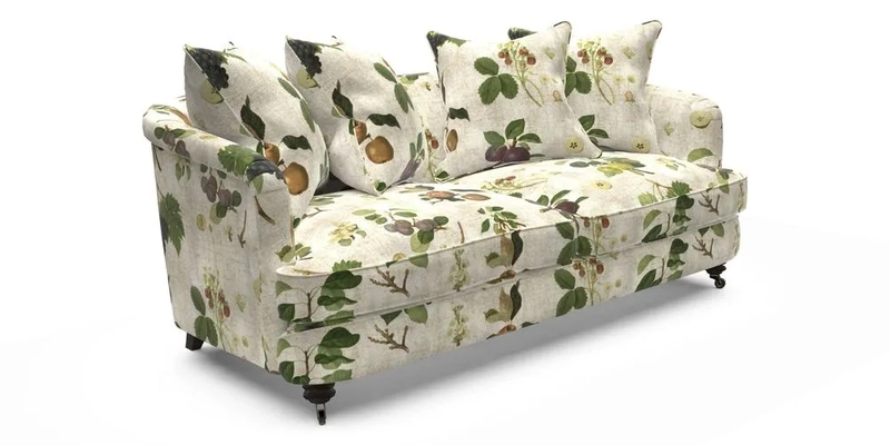 Helmsley 3 Seater Sofa in Mohair Velvet Fir Green with Seat and Back Cushions in RHS Collection Trailing Vine Olive and Small Trailing Ivy Olive