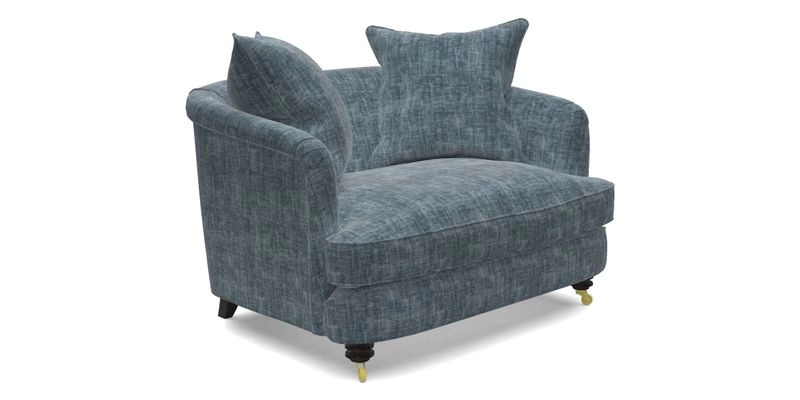 Helmsley Snuggler in V&A Threads of India Opulent Velvets Forest Creatures Hunter piping in Swiss Velvet Olive and scatter in Stockport Stripe Flame