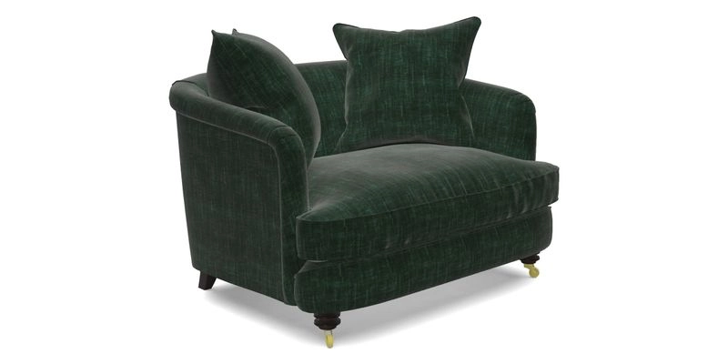 Helmsley Snuggler in V&A Threads of India Opulent Velvets Forest Creatures Hunter piping in Swiss Velvet Olive and scatter in Stockport Stripe Flame