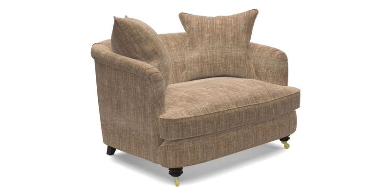 Helmsley Snuggler in V&A Threads of India Opulent Velvets Forest Creatures Hunter piping in Swiss Velvet Olive and scatter in Stockport Stripe Flame