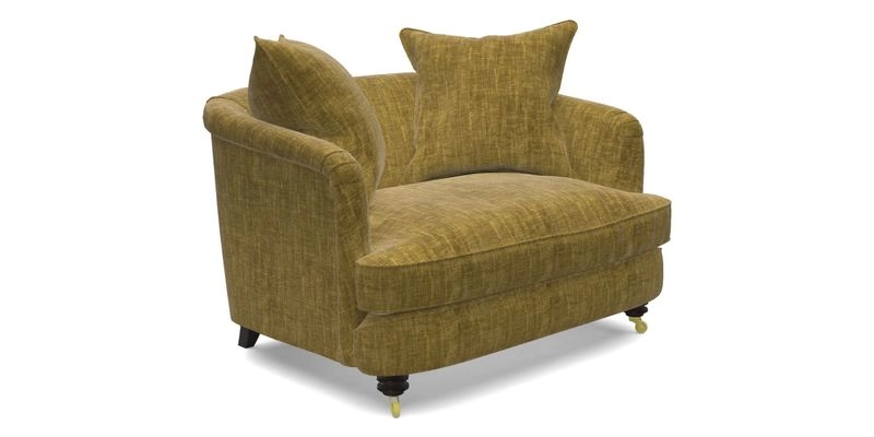 Helmsley Snuggler in V&A Threads of India Opulent Velvets Forest Creatures Hunter piping in Swiss Velvet Olive and scatter in Stockport Stripe Flame