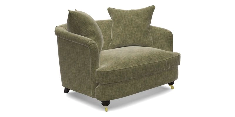 Helmsley Snuggler in V&A Threads of India Opulent Velvets Forest Creatures Hunter piping in Swiss Velvet Olive and scatter in Stockport Stripe Flame