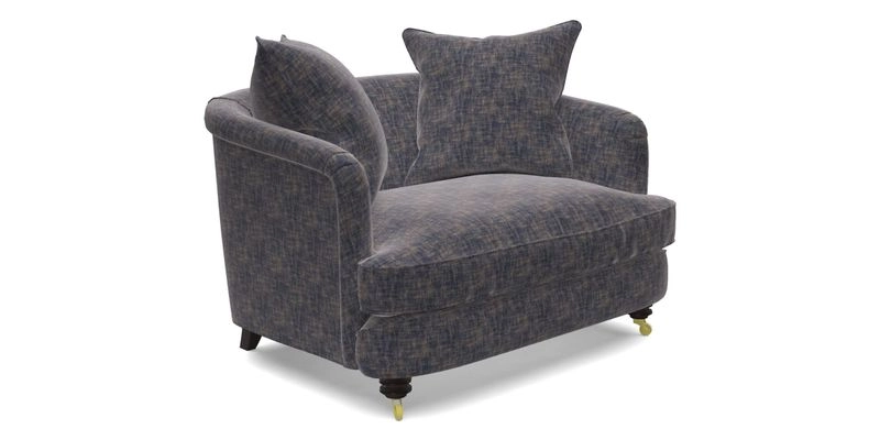 Helmsley Snuggler in V&A Threads of India Opulent Velvets Forest Creatures Hunter piping in Swiss Velvet Olive and scatter in Stockport Stripe Flame