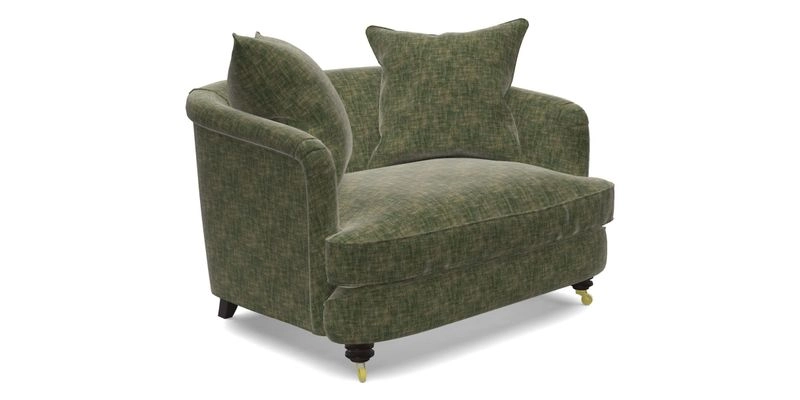 Helmsley Snuggler in V&A Threads of India Opulent Velvets Forest Creatures Hunter piping in Swiss Velvet Olive and scatter in Stockport Stripe Flame