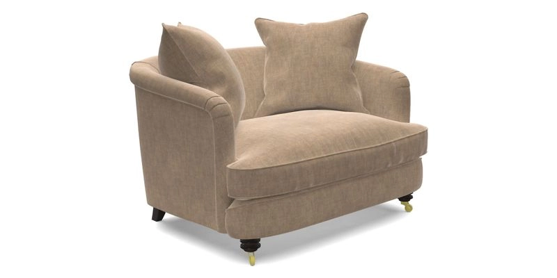 Helmsley Snuggler in V&A Threads of India Opulent Velvets Forest Creatures Hunter piping in Swiss Velvet Olive and scatter in Stockport Stripe Flame