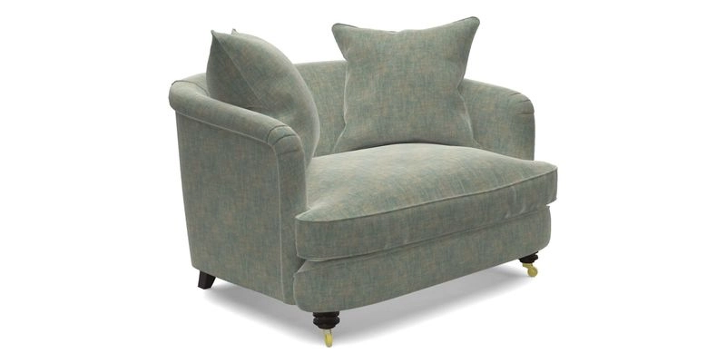 Helmsley Snuggler in V&A Threads of India Opulent Velvets Forest Creatures Hunter piping in Swiss Velvet Olive and scatter in Stockport Stripe Flame