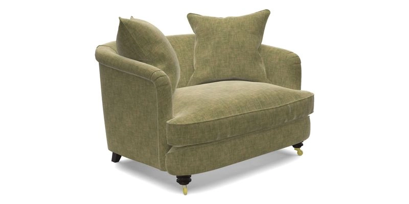 Helmsley Snuggler in V&A Threads of India Opulent Velvets Forest Creatures Hunter piping in Swiss Velvet Olive and scatter in Stockport Stripe Flame