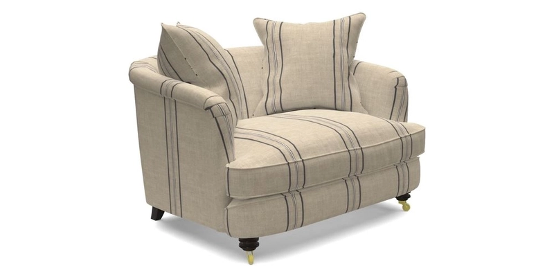 Helmsley Snuggler in V&A Threads of India Opulent Velvets Forest Creatures Hunter piping in Swiss Velvet Olive and scatter in Stockport Stripe Flame