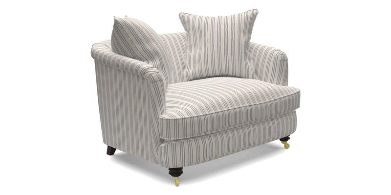 Helmsley Snuggler in V&A Threads of India Opulent Velvets Forest Creatures Hunter piping in Swiss Velvet Olive and scatter in Stockport Stripe Flame