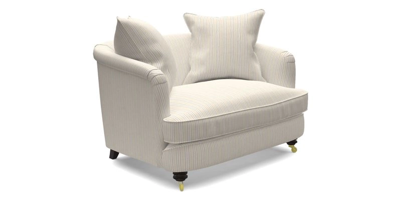 Helmsley Snuggler in V&A Threads of India Opulent Velvets Forest Creatures Hunter piping in Swiss Velvet Olive and scatter in Stockport Stripe Flame