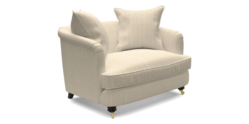 Helmsley Snuggler in V&A Threads of India Opulent Velvets Forest Creatures Hunter piping in Swiss Velvet Olive and scatter in Stockport Stripe Flame