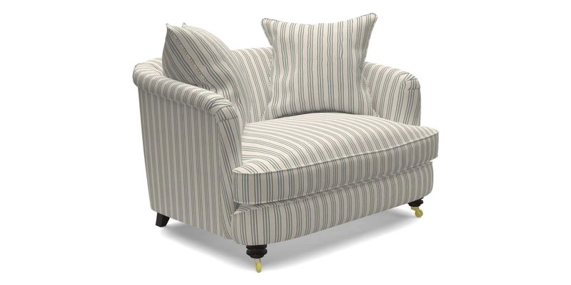 Helmsley Snuggler in V&A Threads of India Opulent Velvets Forest Creatures Hunter piping in Swiss Velvet Olive and scatter in Stockport Stripe Flame