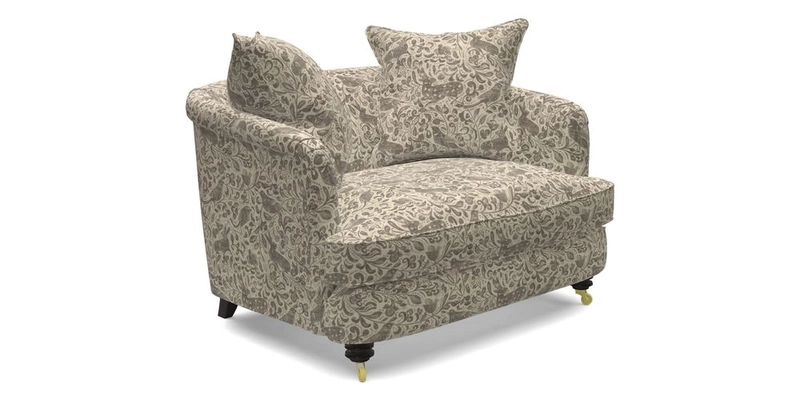 Helmsley Snuggler in V&A Threads of India Opulent Velvets Forest Creatures Hunter piping in Swiss Velvet Olive and scatter in Stockport Stripe Flame