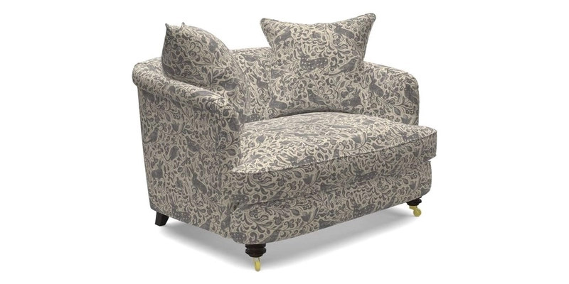 Helmsley Snuggler in V&A Threads of India Opulent Velvets Forest Creatures Hunter piping in Swiss Velvet Olive and scatter in Stockport Stripe Flame