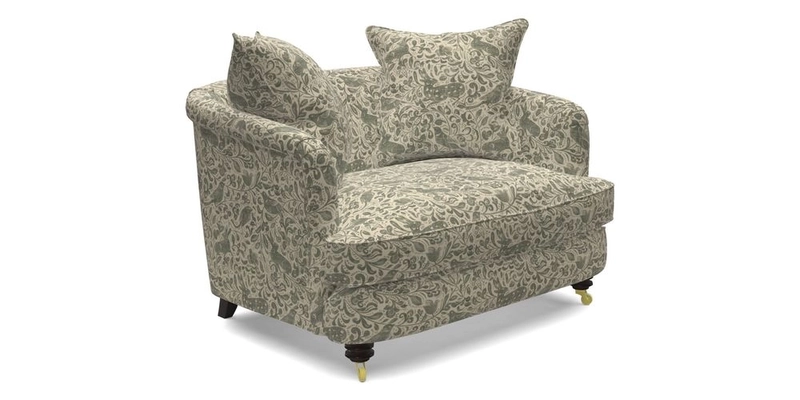 Helmsley Snuggler in V&A Threads of India Opulent Velvets Forest Creatures Hunter piping in Swiss Velvet Olive and scatter in Stockport Stripe Flame