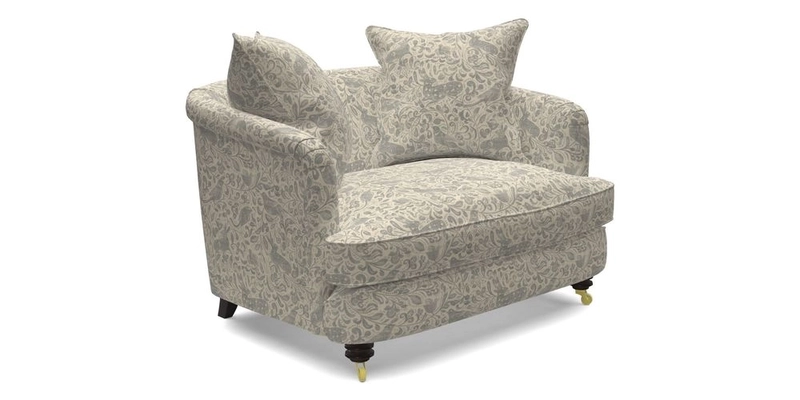 Helmsley Snuggler in V&A Threads of India Opulent Velvets Forest Creatures Hunter piping in Swiss Velvet Olive and scatter in Stockport Stripe Flame