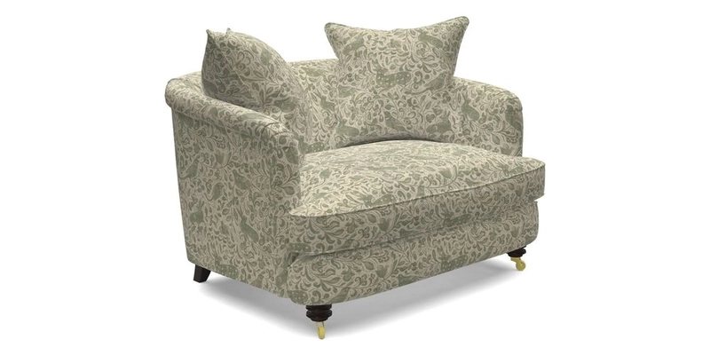 Helmsley Snuggler in V&A Threads of India Opulent Velvets Forest Creatures Hunter piping in Swiss Velvet Olive and scatter in Stockport Stripe Flame