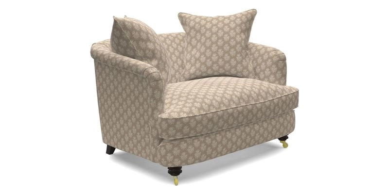 Helmsley Snuggler in V&A Threads of India Opulent Velvets Forest Creatures Hunter piping in Swiss Velvet Olive and scatter in Stockport Stripe Flame