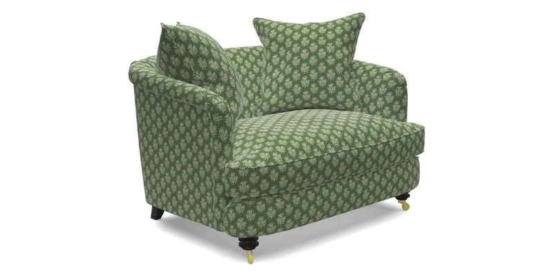 Helmsley Snuggler in V&A Threads of India Opulent Velvets Forest Creatures Hunter piping in Swiss Velvet Olive and scatter in Stockport Stripe Flame