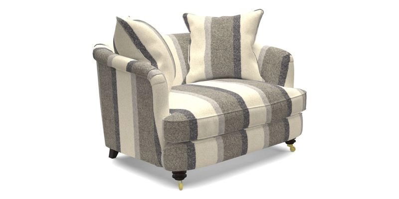 Helmsley Snuggler in V&A Threads of India Opulent Velvets Forest Creatures Hunter piping in Swiss Velvet Olive and scatter in Stockport Stripe Flame