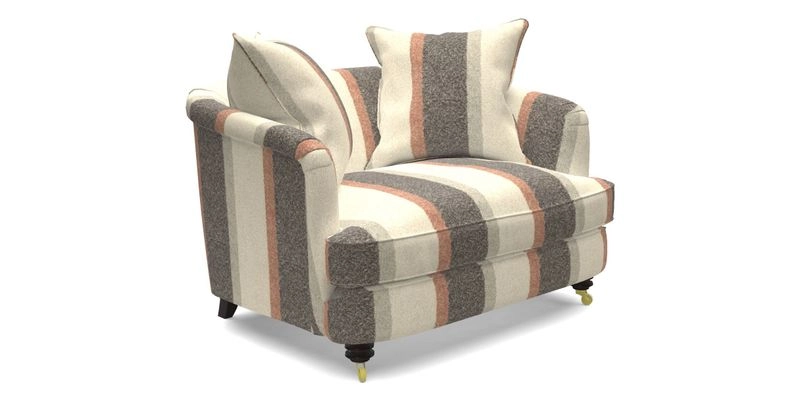 Helmsley Snuggler in V&A Threads of India Opulent Velvets Forest Creatures Hunter piping in Swiss Velvet Olive and scatter in Stockport Stripe Flame