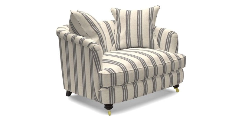 Helmsley Snuggler in V&A Threads of India Opulent Velvets Forest Creatures Hunter piping in Swiss Velvet Olive and scatter in Stockport Stripe Flame