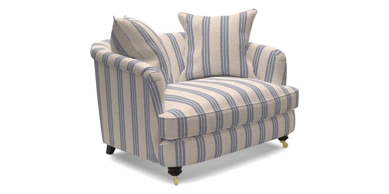 Helmsley Snuggler in V&A Threads of India Opulent Velvets Forest Creatures Hunter piping in Swiss Velvet Olive and scatter in Stockport Stripe Flame