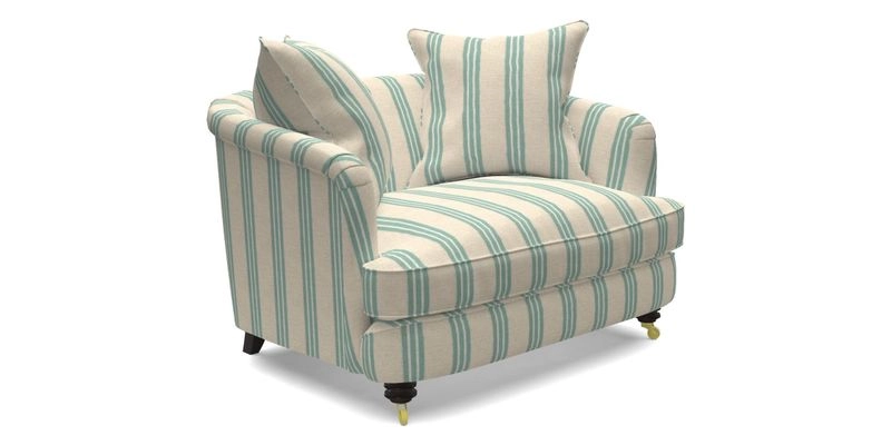 Helmsley Snuggler in V&A Threads of India Opulent Velvets Forest Creatures Hunter piping in Swiss Velvet Olive and scatter in Stockport Stripe Flame