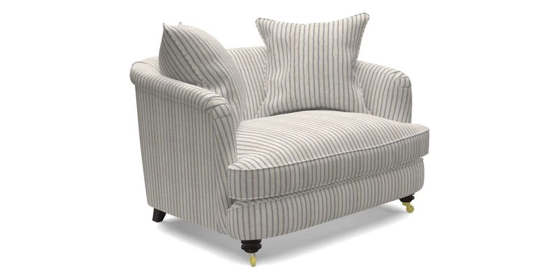 Helmsley Snuggler in V&A Threads of India Opulent Velvets Forest Creatures Hunter piping in Swiss Velvet Olive and scatter in Stockport Stripe Flame