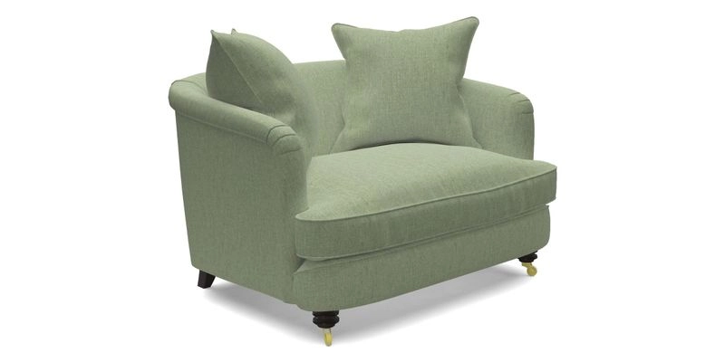 Helmsley Snuggler in V&A Threads of India Opulent Velvets Forest Creatures Hunter piping in Swiss Velvet Olive and scatter in Stockport Stripe Flame